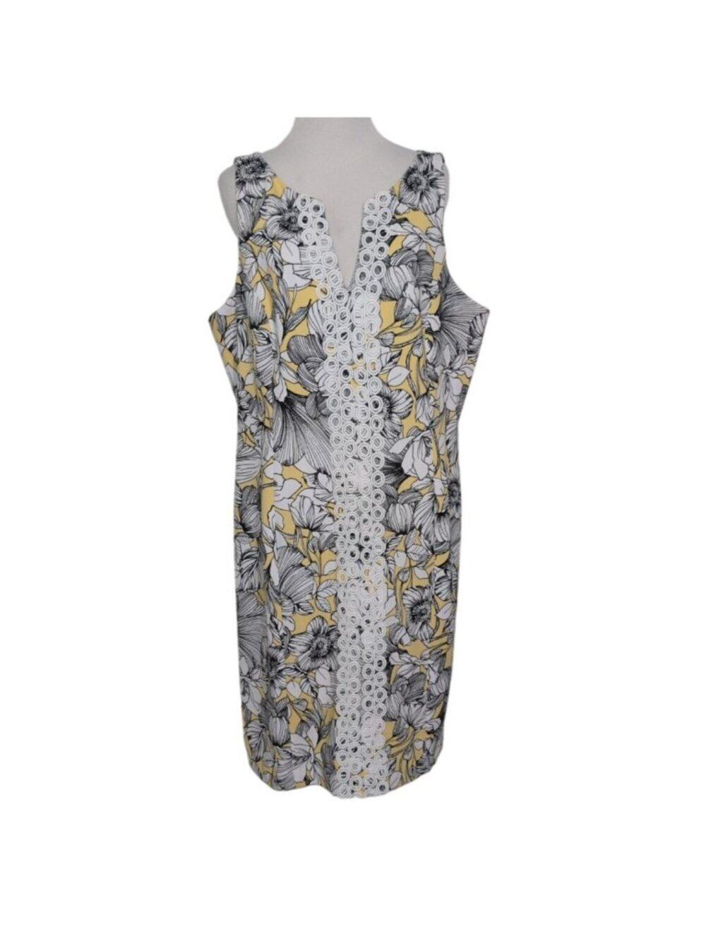 Cappagallo Floral Dress Womens Size 14 Yellow Stretch Lined Sleeveless Sheath